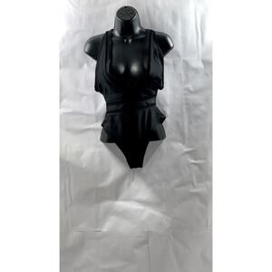 UNBRANDED Women's Black Eyelet Deep V-Neck Cross-Back Bathing Suit SZ S